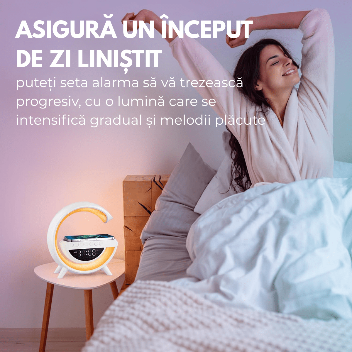 Lampa Inteligenta cu Lumini LED RGB, Incarcator Wireless 15W, Boxa Bluetooth, Radio FM, Ceas Digital, Alarma, Incarcare Type - C, Port AUX, Slot Card TF, Alb, easyCTRL®smarrt.rolampa vegheeasyCTRL