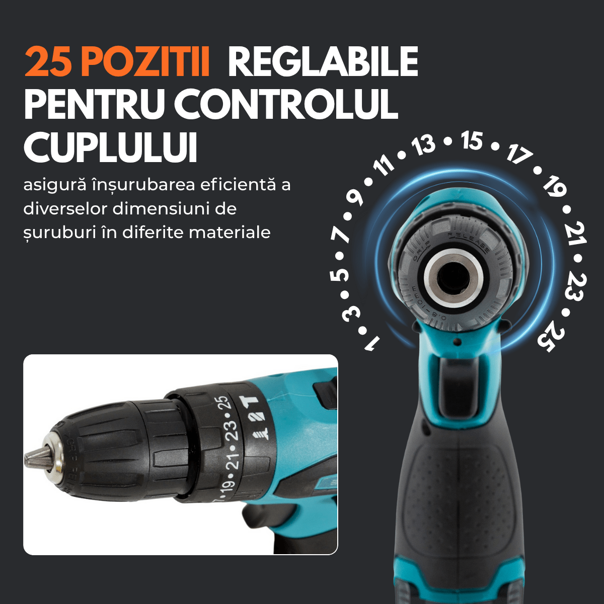 Masina de gaurit si insurubat, Bormasina cu percutie, Cutie cu 25 accesorii, 2 Acumulatori, 2 trepte 350/1350 RPM, Cuplu 32 Nm, Mandrina 10mmsmarrt.robormasina electricaeasyCTRL