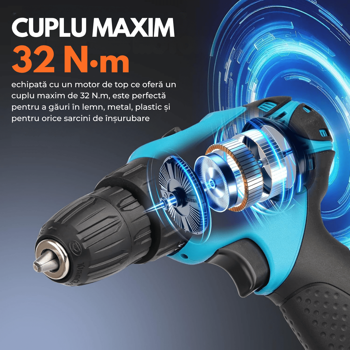Masina de gaurit si insurubat, Bormasina cu percutie, Cutie cu 25 accesorii, 2 Acumulatori, 2 trepte 350/1350 RPM, Cuplu 32 Nm, Mandrina 10mmsmarrt.robormasina electricaeasyCTRL