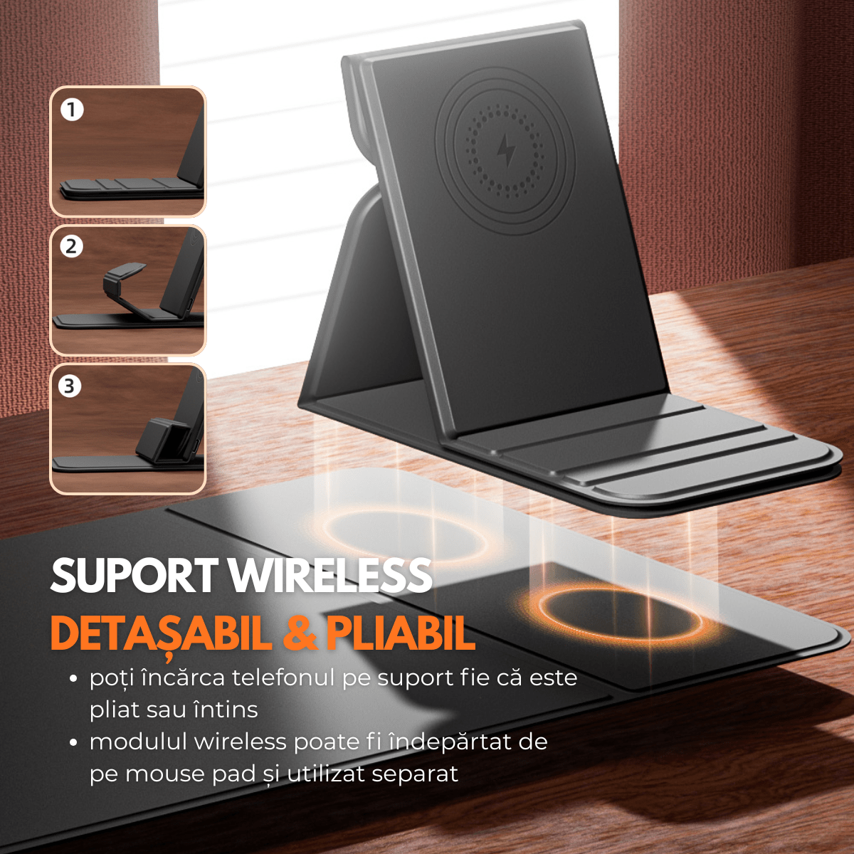 Mousepad cu Incarcator Wireless Pliabil, 2 in 1, 15W, Magsafe, Compatibil iPhone, Samsung, Huawei, Xiaomi, USB - C, Negrusmarrt.roeasyCTRL