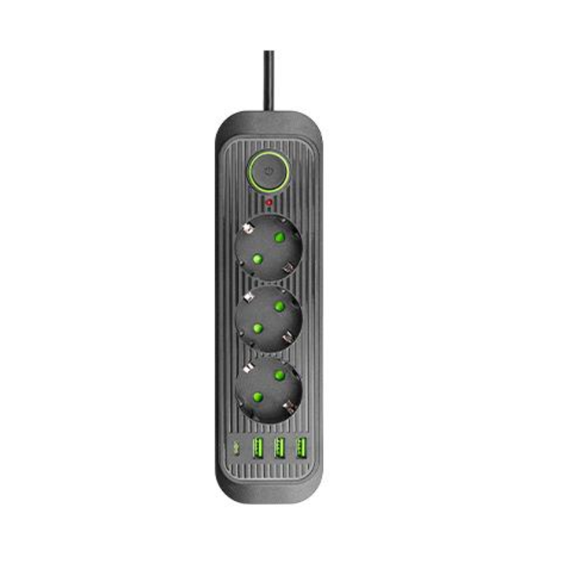 Prelungitor cu 3 prize + 3xUSB-A + 1xUSB-C, protectie supratensiune, cablu 2m