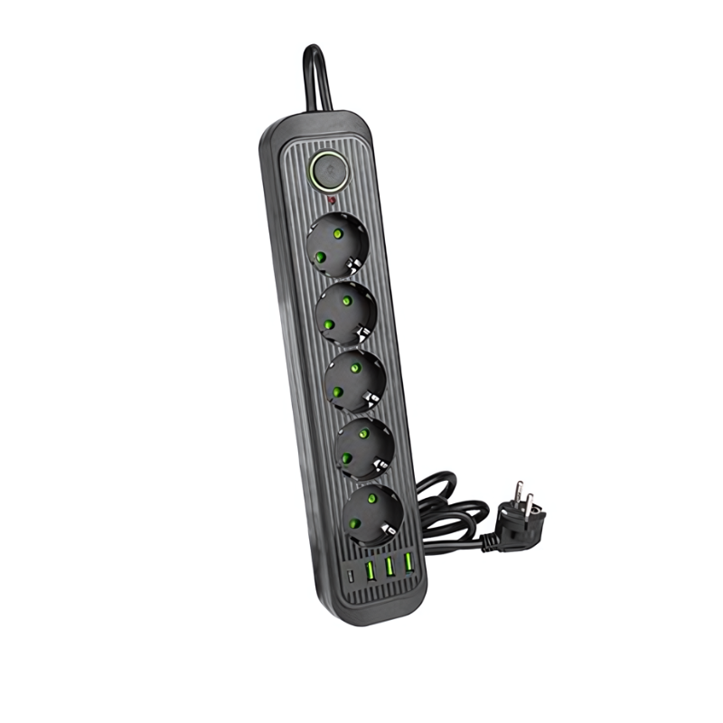 Prelungitor cu 5 prize + 3xUSB-A + 1xUSB-C, protectie supratensiune, cablu 2m