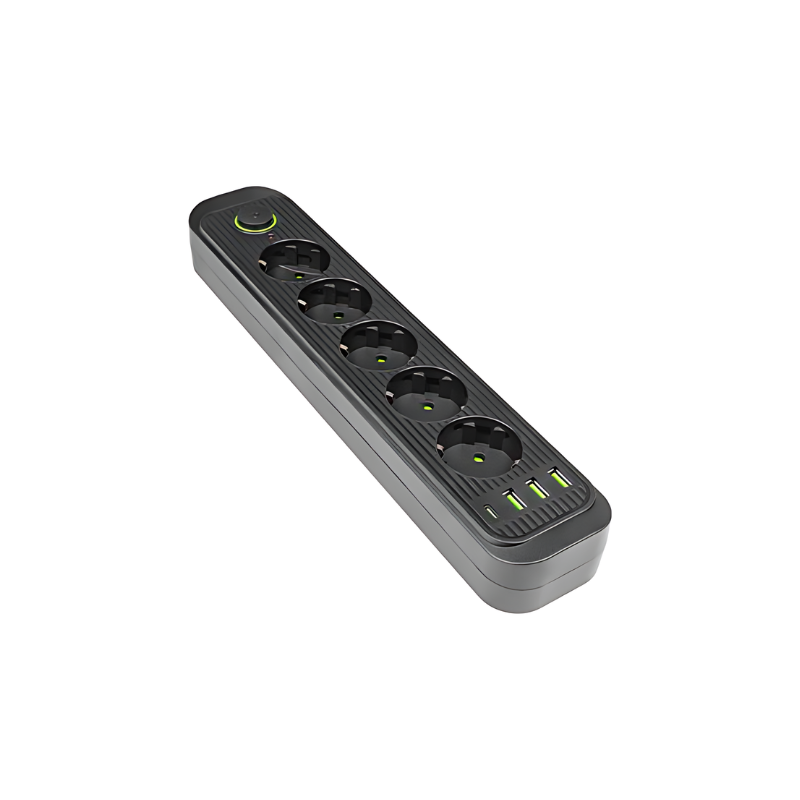Prelungitor cu 5 prize + 3xUSB-A + 1xUSB-C, protectie supratensiune, cablu 2m