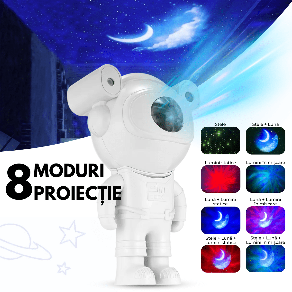 Proiector Galaxie Astronaut, Boxa Bluetooth, Lampa de veghe, Suport Magnetic Reglabil 360°, Brate Mobile, Albsmarrt.roproiectoreasyCTRL