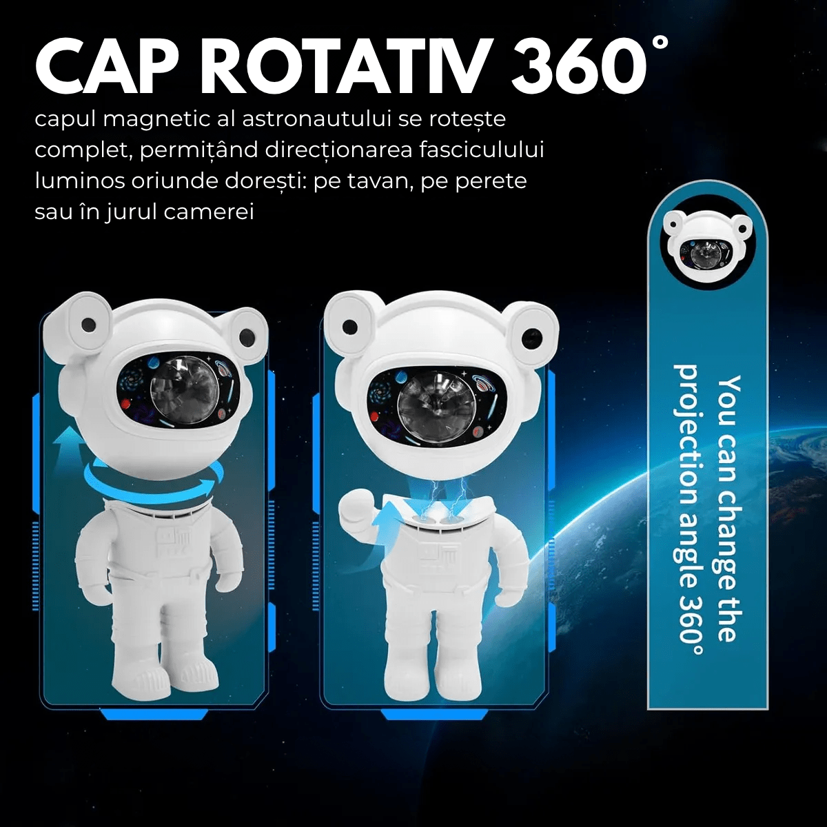 Proiector Galaxie Astronaut, Boxa Bluetooth, Lampa de veghe, Suport Magnetic Reglabil 360°, Brate Mobile, Albsmarrt.roproiectoreasyCTRL