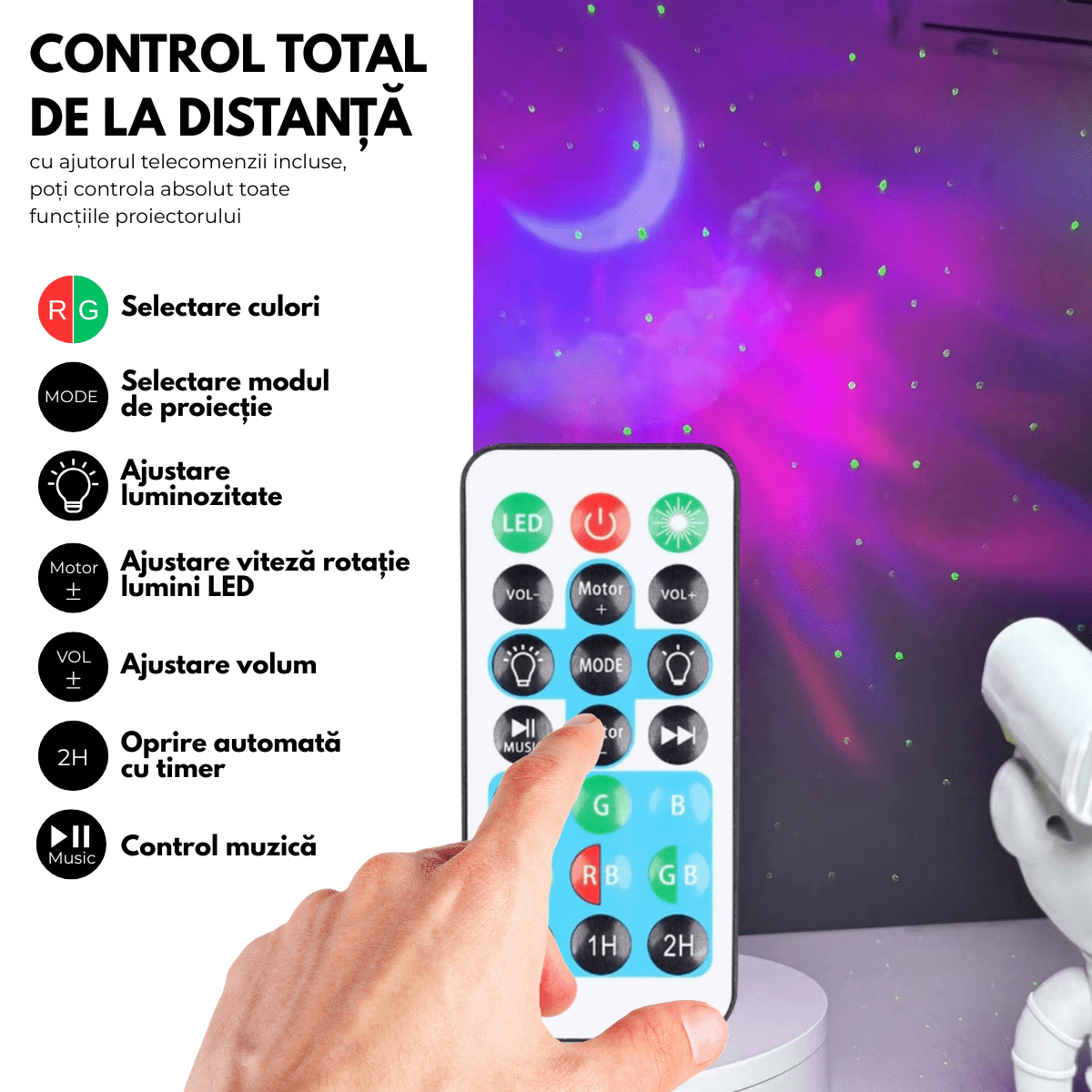 Proiector Galaxie Astronaut, Boxa Bluetooth, Lampa de veghe, Suport Magnetic Reglabil 360°, Brate Mobile, Albsmarrt.roproiectoreasyCTRL