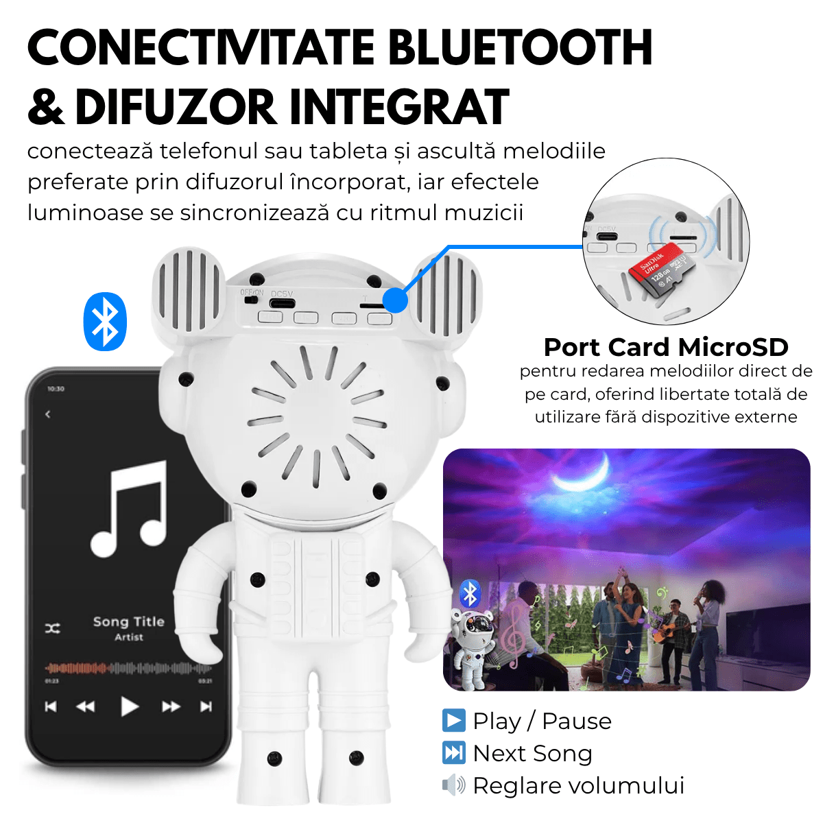 Proiector Galaxie Astronaut, Boxa Bluetooth, Lampa de veghe, Suport Magnetic Reglabil 360°, Brate Mobile, Albsmarrt.roproiectoreasyCTRL