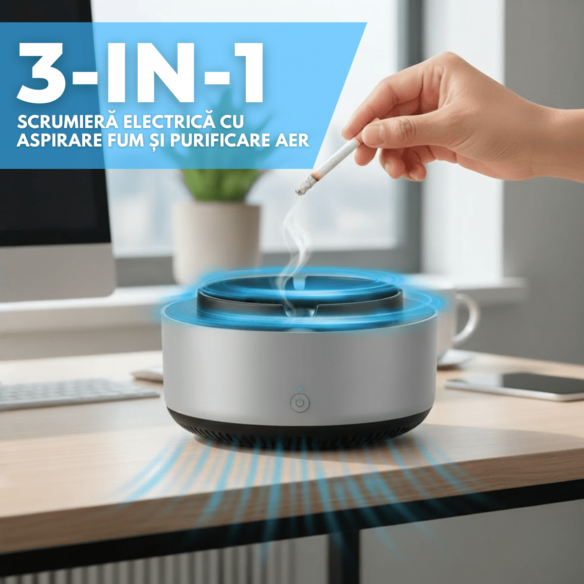 Scrumiera Electrica Multifunctionala 3 - in - 1, Aspirare Fum 360°, Purificare Aer, Tableta Odorizanta, Oprire Automata, Alimentare pe Baterii, easyCTRL®smarrt.roscrumiera electricaeasyCTRL