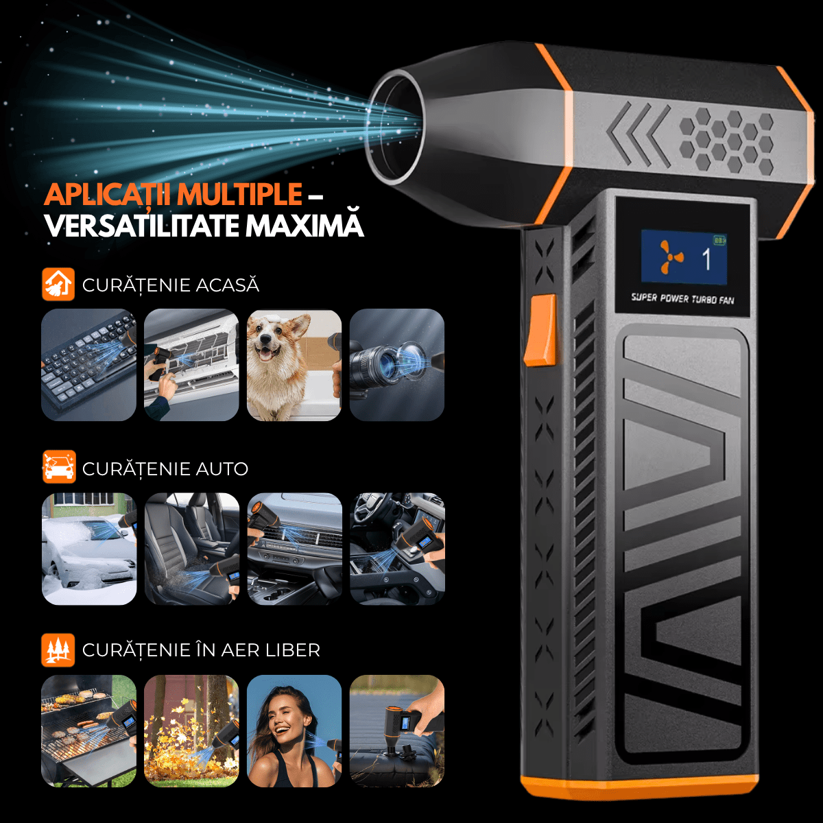 Suflanta Aer Turbo Multifunctionala, Portabila, Acumulator Reincarcabil 4000mAh, Viteza de Rotatie 130.000 rpm, Negru - Portocaliusmarrt.roeasyCTRL