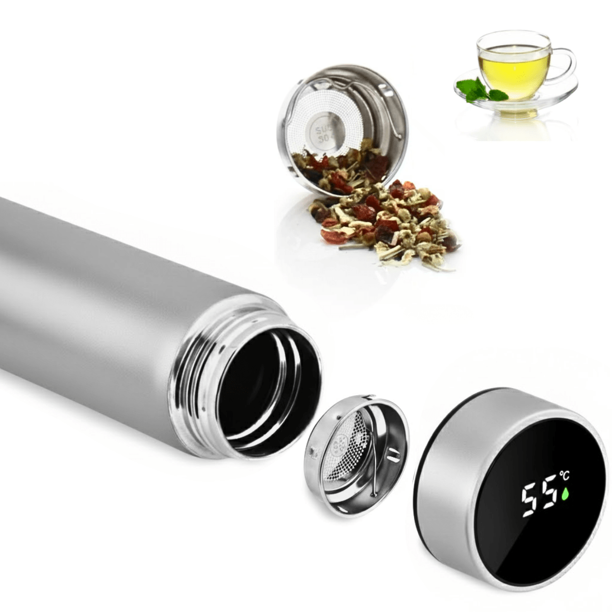 Termos Inteligent cu Afisaj LED Temperatura, Senzor Touchscreen, Infuzor de ceai, 500ml, Otel Inoxidabil, Argintiu, easyCTRL®smarrt.rotermoseasyCTRL