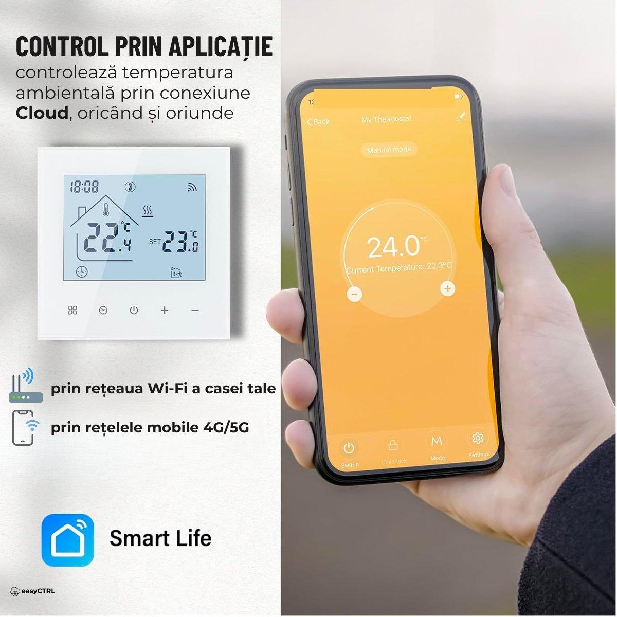 Termostat inteligent Wi-Fi pentru centrala termica, Smart Life / Tuya APP, Control vocal, Alb, easyCTRL®smarrt.roeasyCTRL