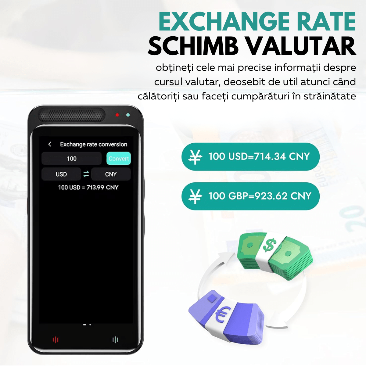 Traducator Inteligent M3 Pro, Asistent AI, Bluetooth, 139+ Limbi, Traducere Vocala, Traducere Foto, Traducere Inregistrari, Ecran tactil 4.1 inch, Schimb Valutar, 8GB, easyCTRL®smarrt.rotraducatoreasyCTRL