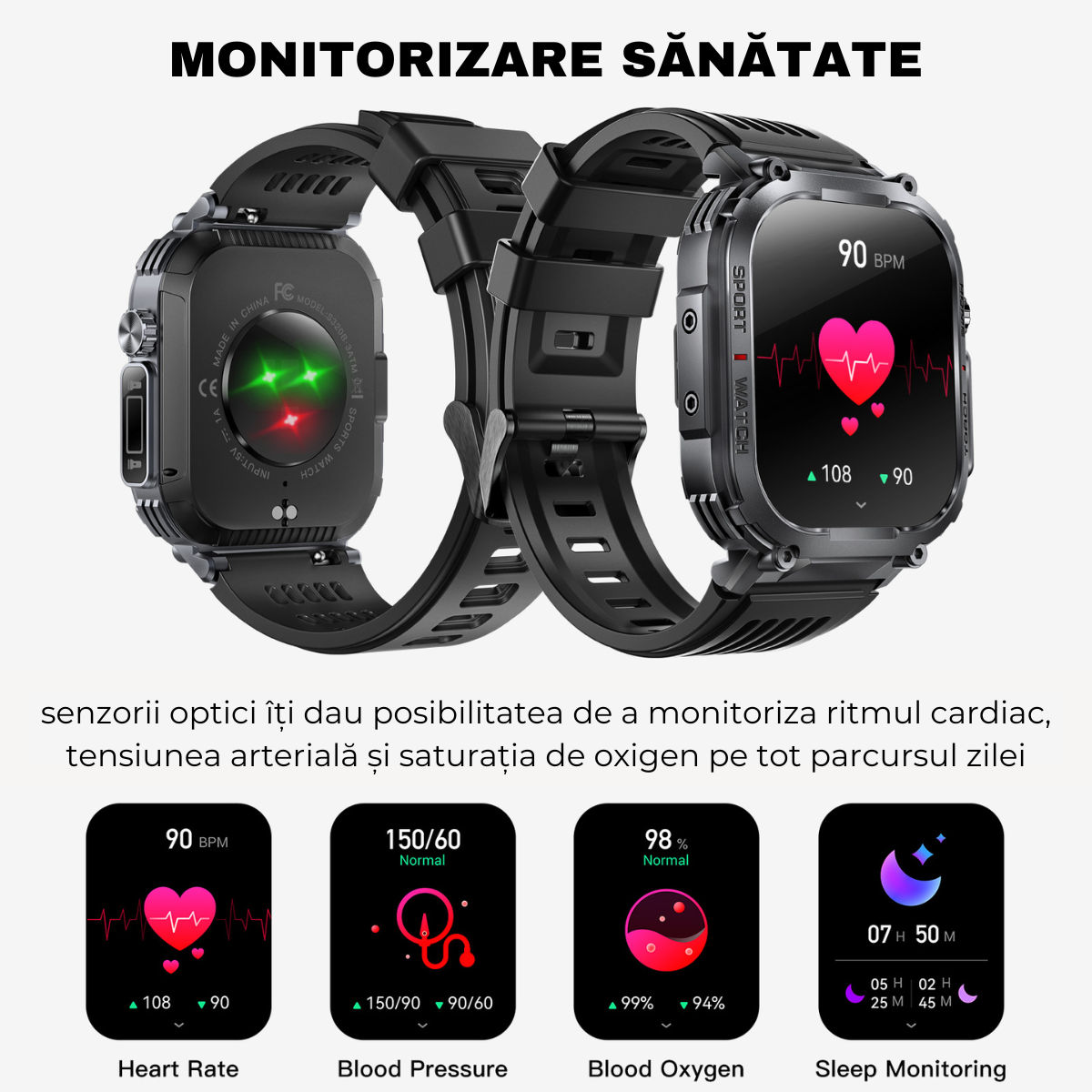 Ceas smartwatch, Ecran HD 2.02", Busola, Lanterna, Apel Bluetooth, AI Asistent Vocal, Multi Sport, Monitorizare Sanatate, easyCTRL®