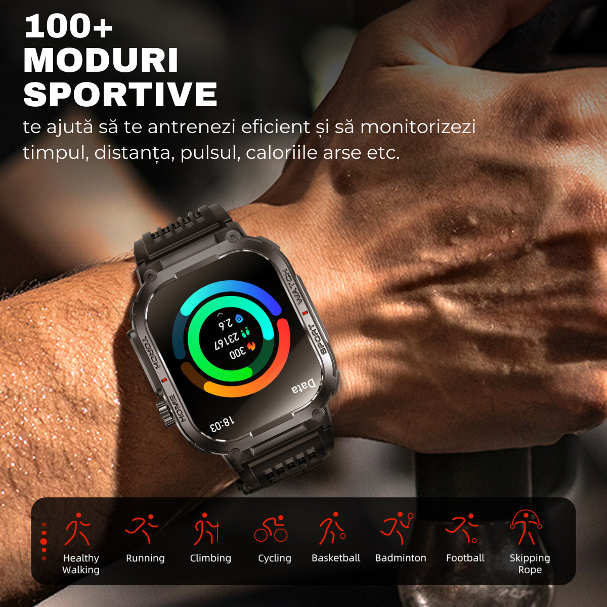 Ceas smartwatch, Ecran HD 2.02", Busola, Lanterna, Apel Bluetooth, AI Asistent Vocal, Multi Sport, Monitorizare Sanatate, easyCTRL®