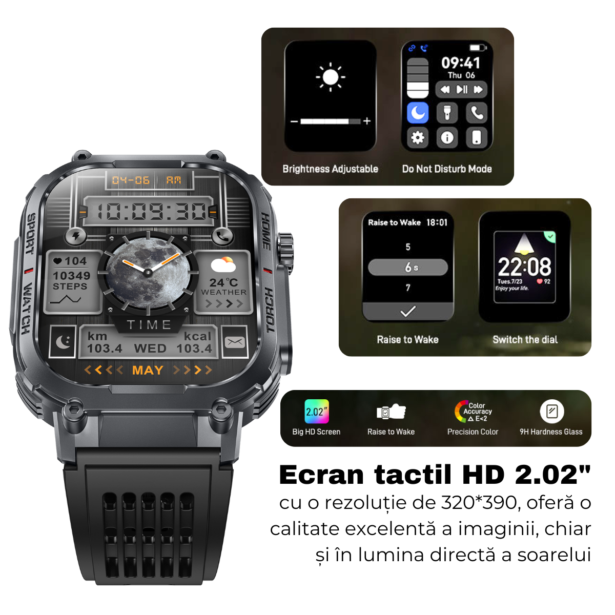 Ceas smartwatch, Ecran HD 2.02", Busola, Lanterna, Apel Bluetooth, AI Asistent Vocal, Multi Sport, Monitorizare Sanatate, easyCTRL®