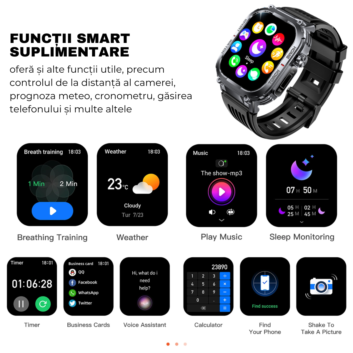 Ceas smartwatch, Ecran HD 2.02", Busola, Lanterna, Apel Bluetooth, AI Asistent Vocal, Multi Sport, Monitorizare Sanatate, easyCTRL®