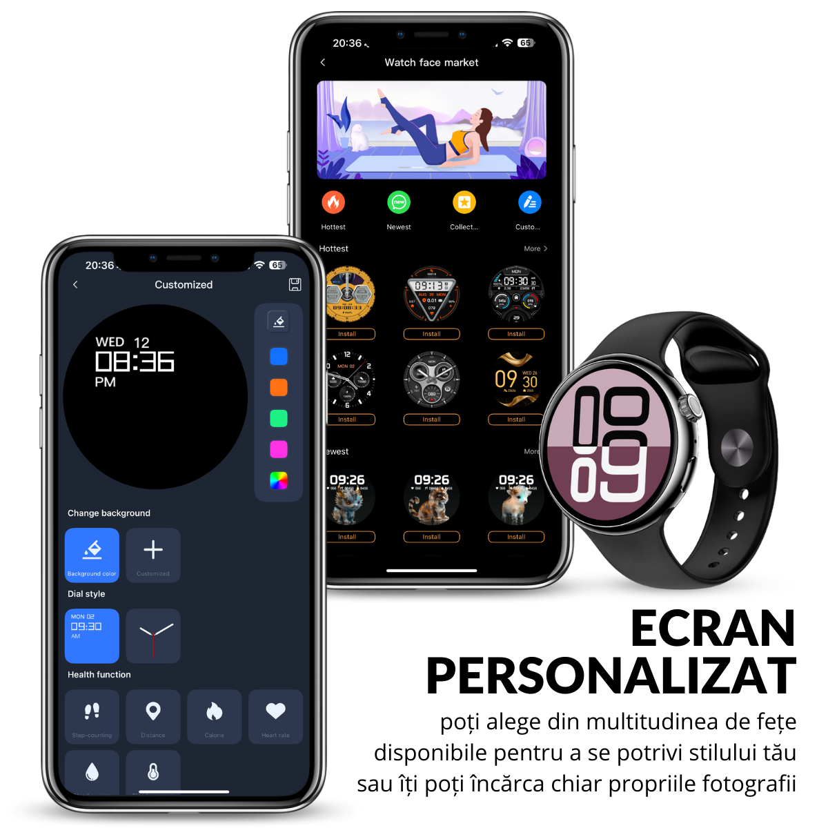 Ceas smartwatch de dama, Ecran Tactil LCD 1.46", Control prin Gesturi, Apel Bluetooth, Multi Sport, Monitorizare Sanatate, Negru, easyCTRL®