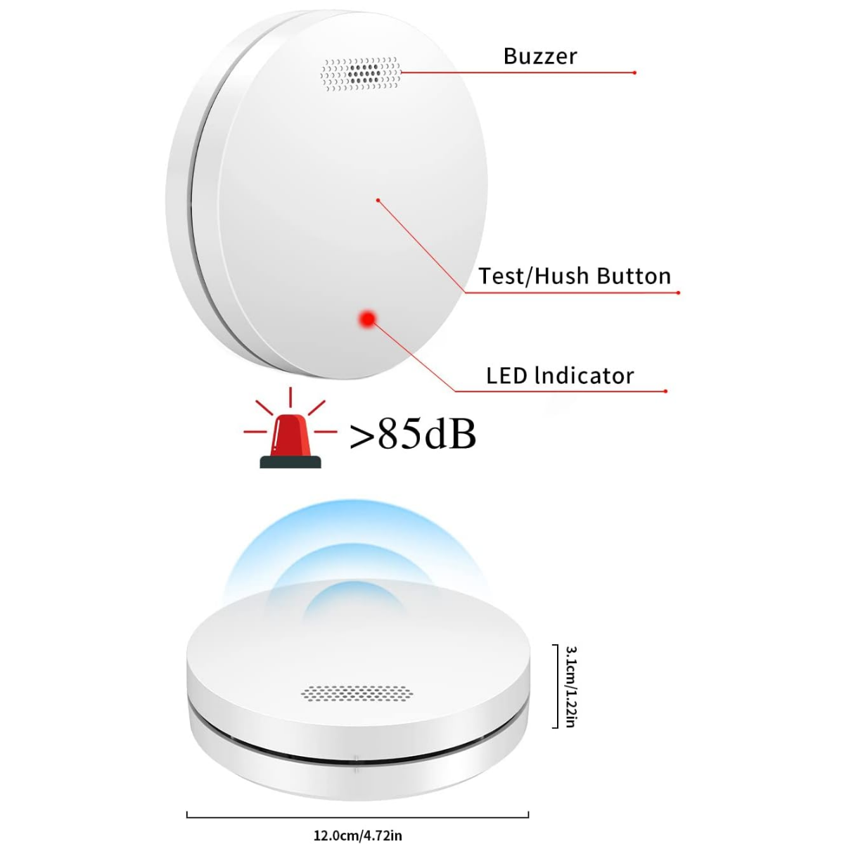 Detector de Fum, Avertizare Sonora si Luminoasa, Durata Viata Baterie 10 Ani, 85dB, easyCTRL®