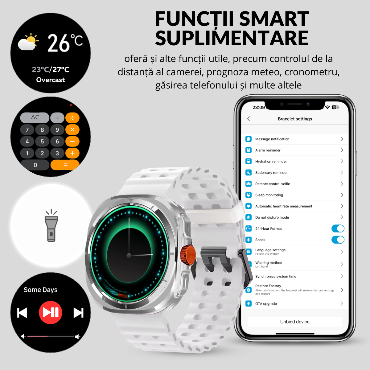 Ceas smartwatch de barbati, Ecran Tactil LCD 1.52", Apel Bluetooth, Multi Sport, Monitorizare Sanatate, Alb, easyCTRL®
