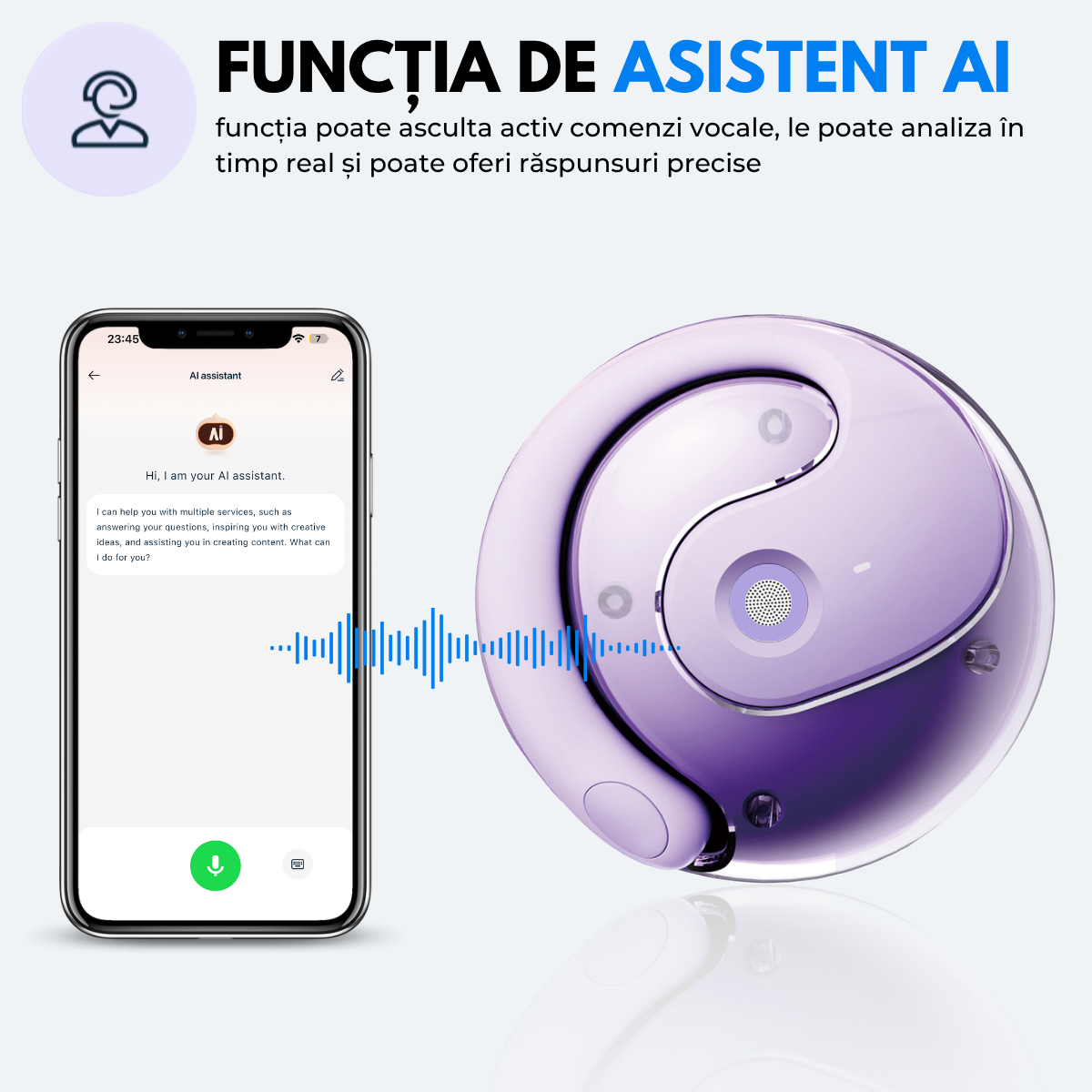 Casti cu Traducator pentru Conversatii in timp real, Open-Ear, 139 Limbi, Bluetooth 5.4, Control tactil, Carcasa de incarcare, T2, Mov, easyCTRL®