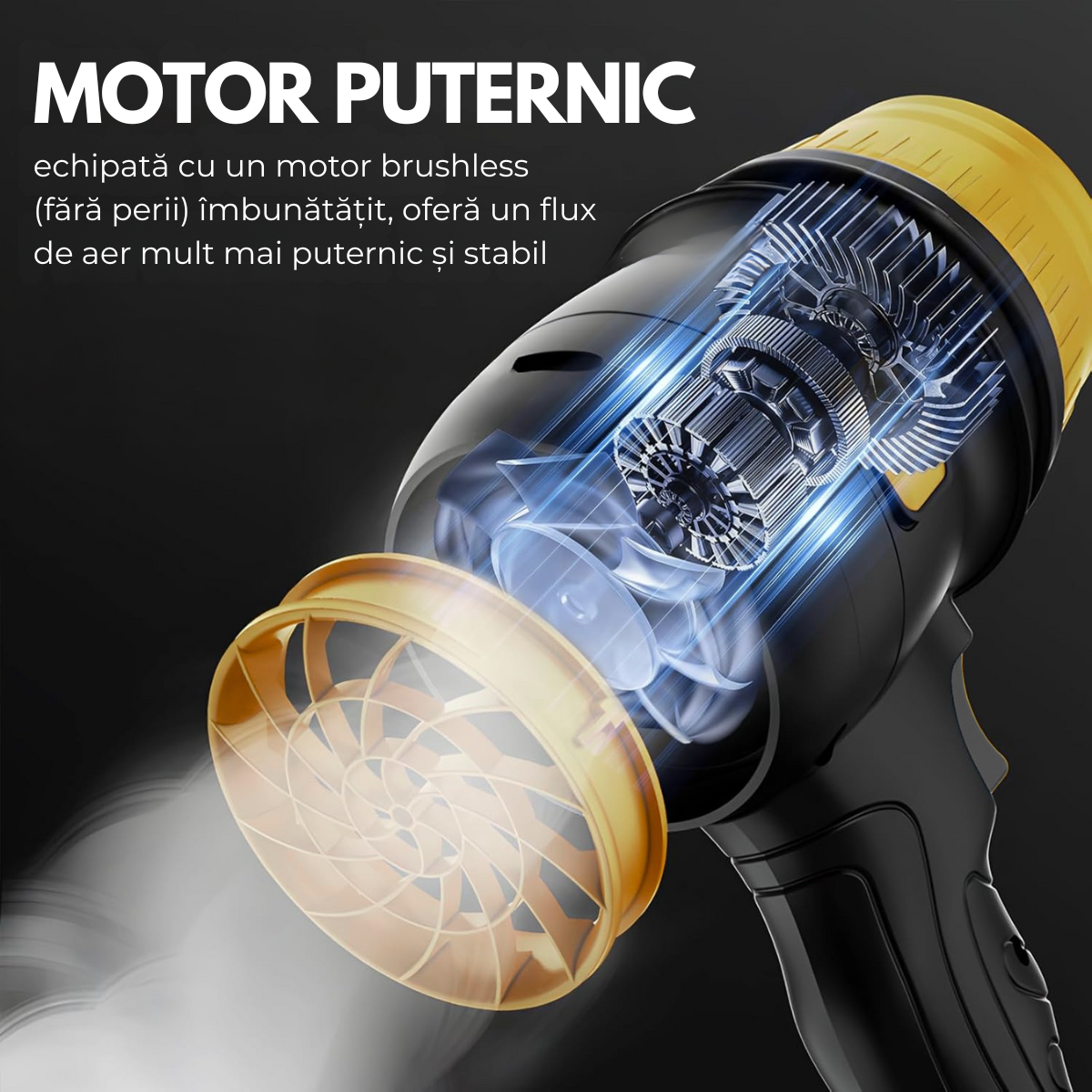 Suflanta Aer Turbo Multifunctionala, Portabila, 2 Acumulatori Li-Ion 48V, Viteza de Rotatie 34000 rpm, 1050W, Negru-Galben