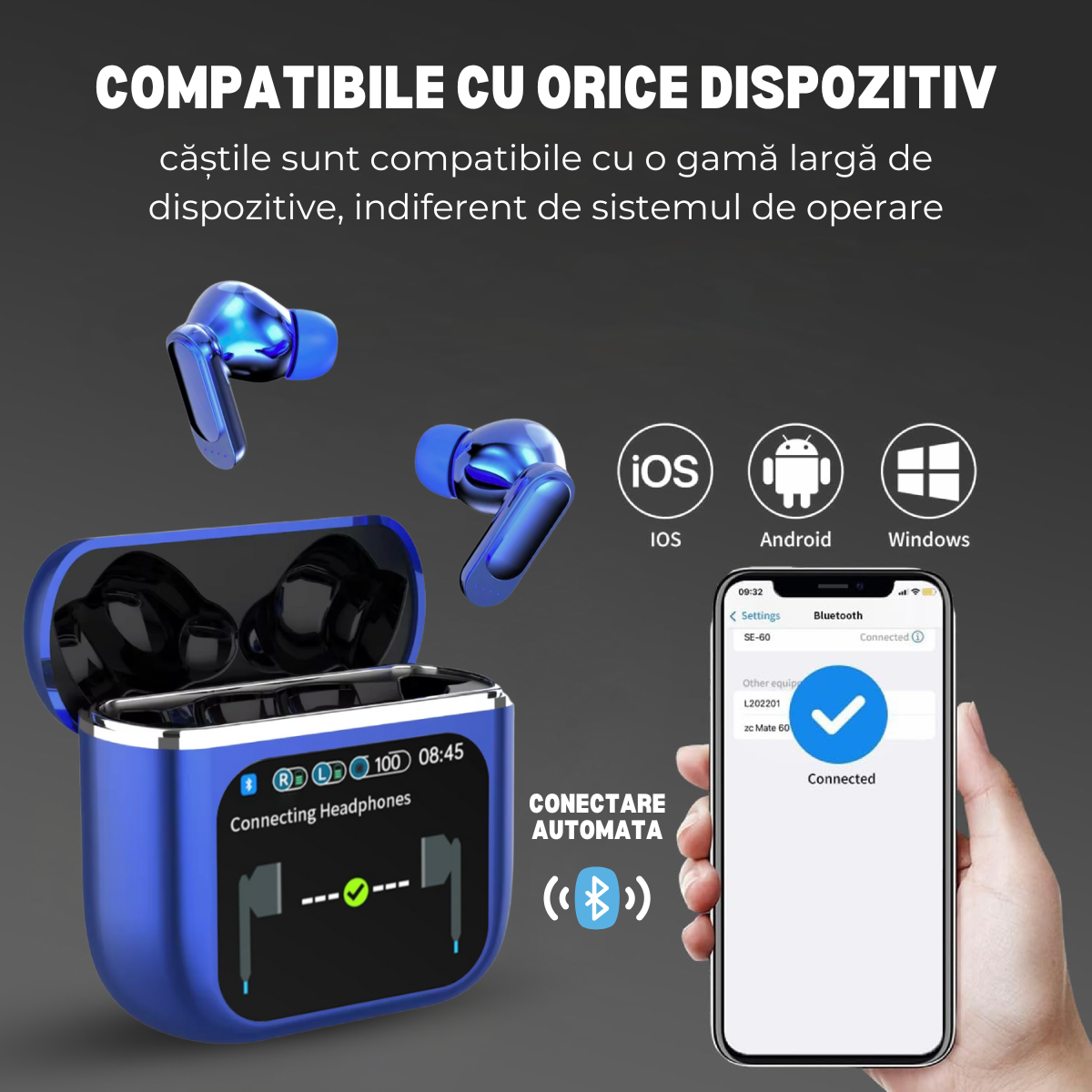 Casti Wireless In Ear, Carcasa cu Touch Screen, Bluetooth 5.4, Control Tactil, Anulare Zgomot ANC + ENC, Albastru