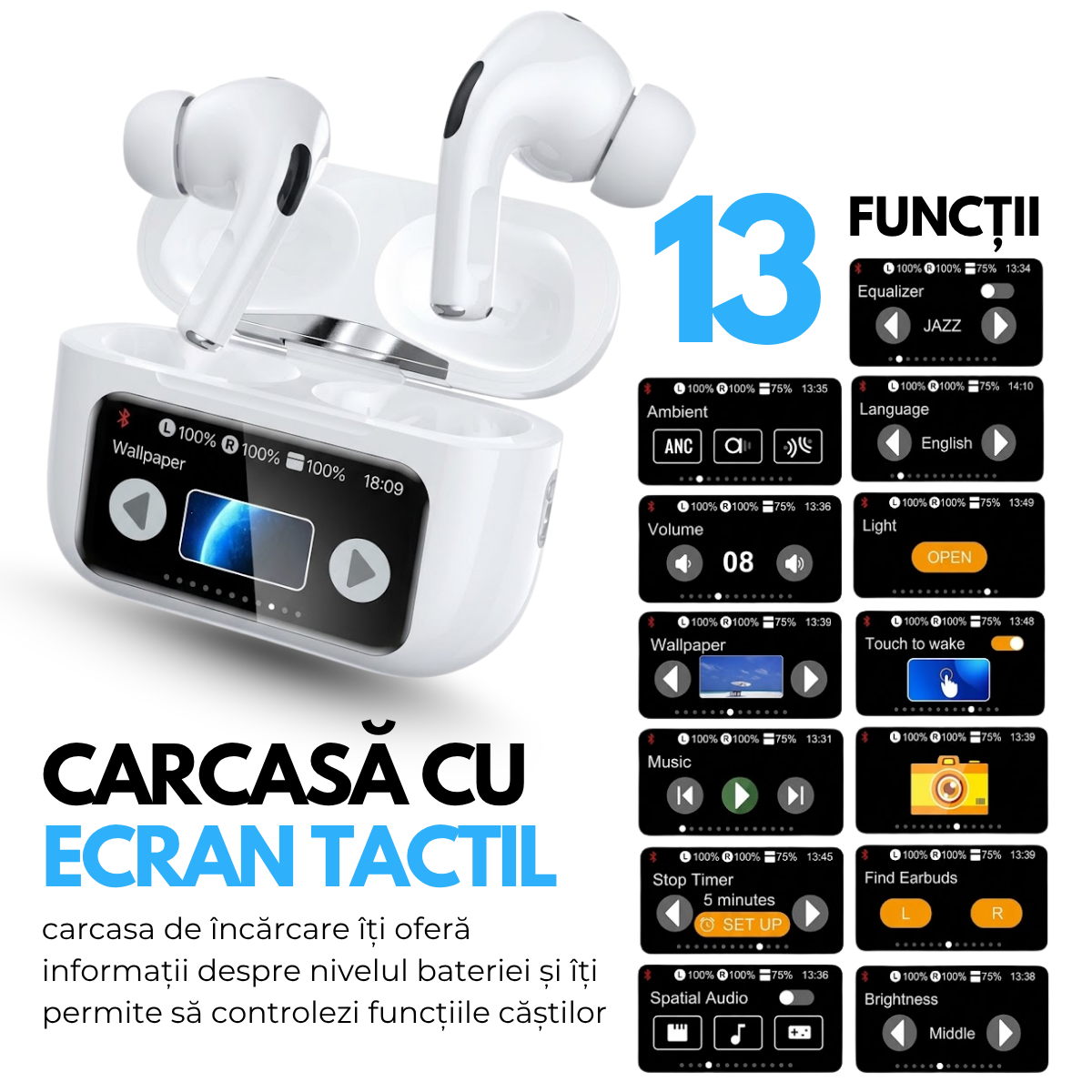 Casti cu Traducator pentru Conversatii in timp real, 151 Limbi Straine, Dialecte, Carcasa incarcare cu Touch Screen, Bluetooth 5.4, Control tactil, A9pro, easyCTRL®
