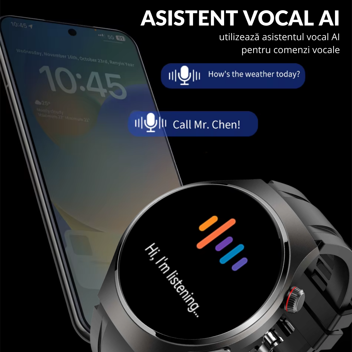 Set Smartwatch Barbati + 7 Curele, Quick Release, Ecran LCD 1.52", Control Tactil, Apel Bluetooth, Multi Sport, Monitorizare Sanatate, easyCTRL®