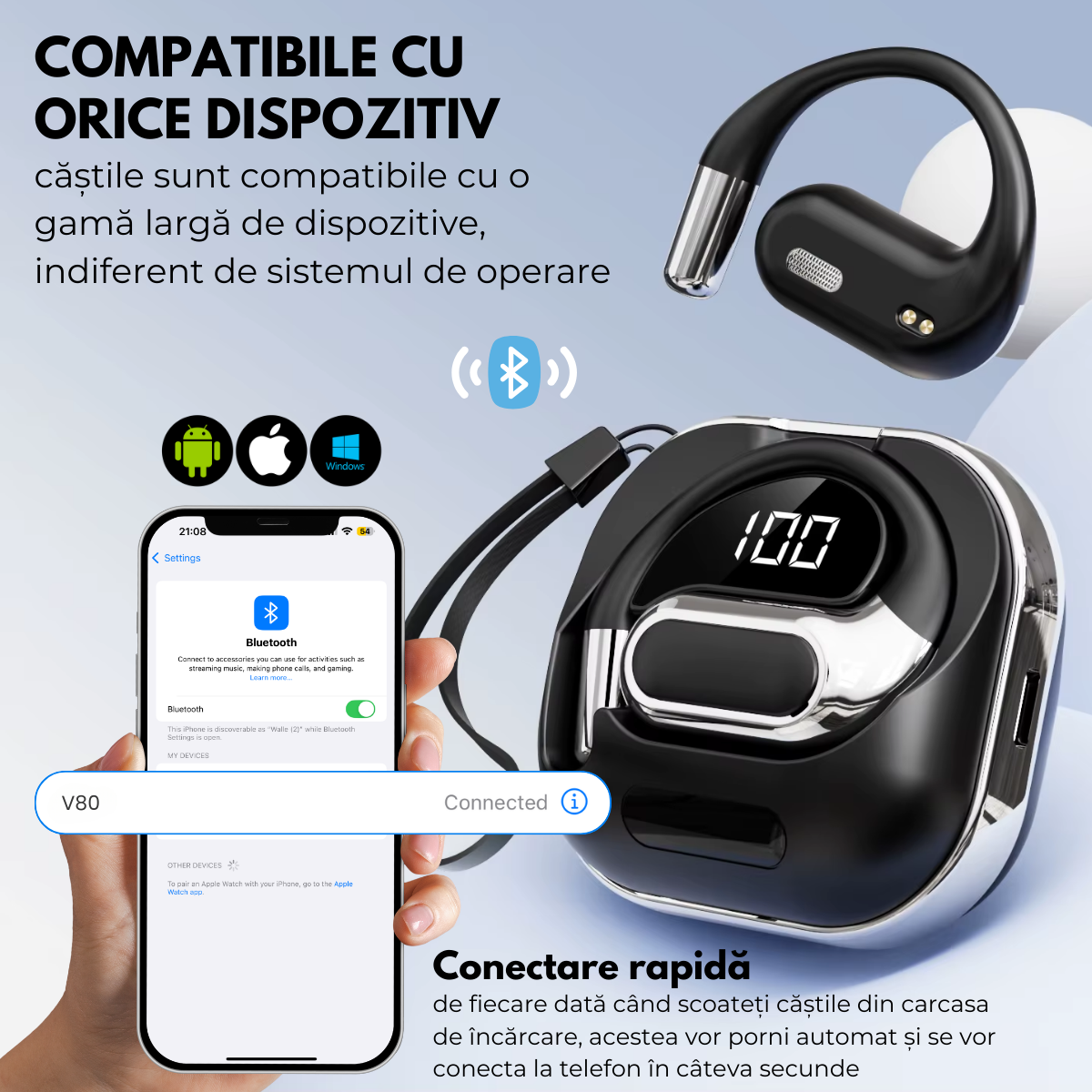 Casti cu Traducator pentru Conversatii in timp real, Open-Ear, 144 Limbi, Traducere Foto, Bluetooth 5.4, Control tactil, Carcasa de incarcare, V80, Negru, easyCTRL®