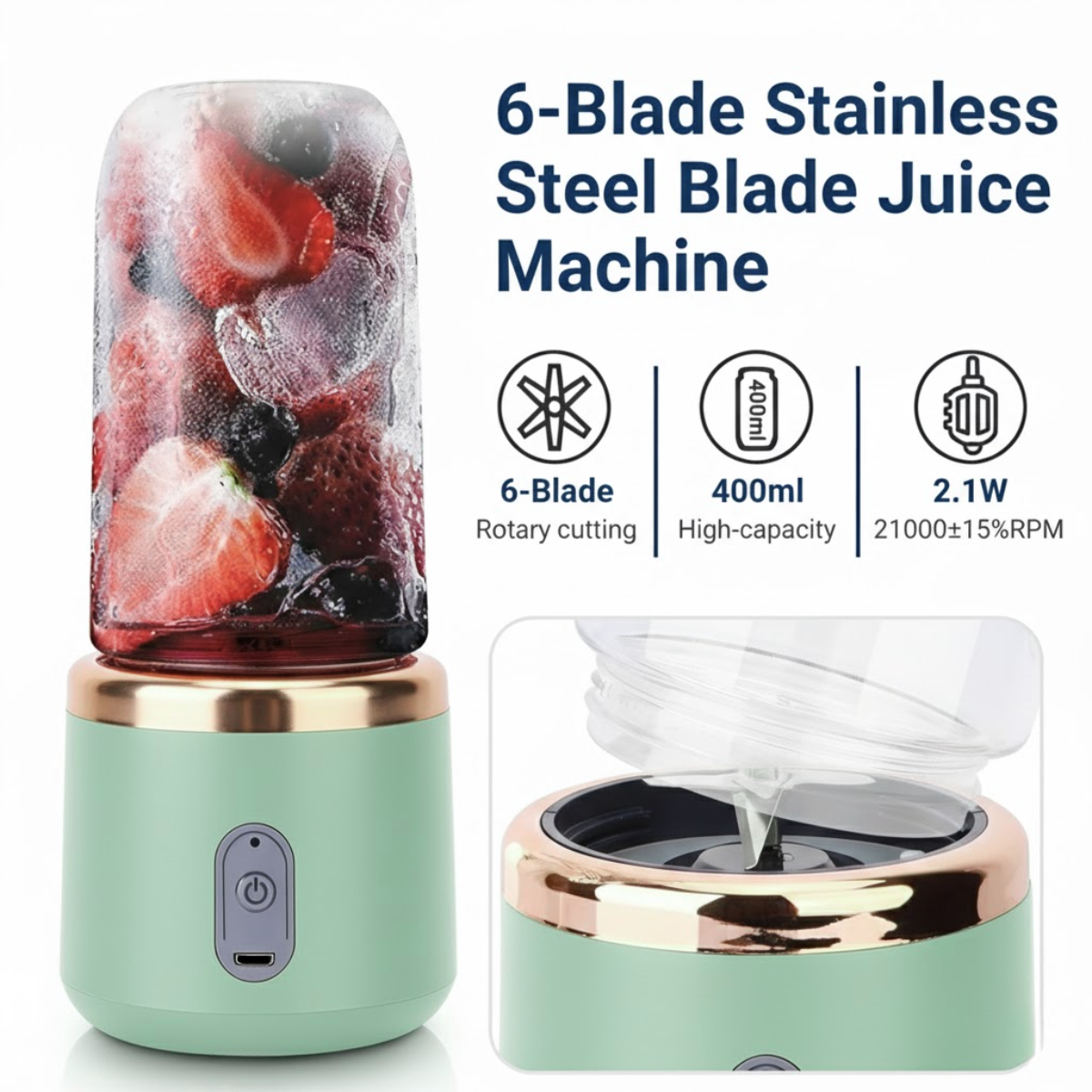 Mini Blender Portabil, 2 Recipiente, 400 ml, 6 Lame 3D, USB-C reincarcabil, 45W, Capac Inclus, Turcoaz, easyCTRL®