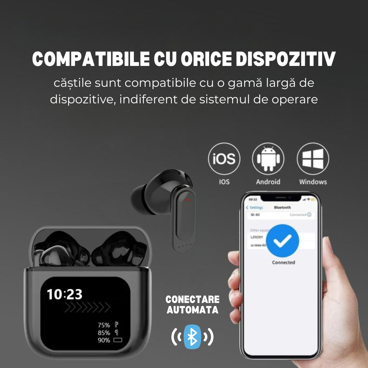 Casti Wireless In Ear, Carcasa cu Touch Screen, Bluetooth 5.4, Control Tactil, Anulare Zgomot ANC + ENC, easyCTRL®, Negru