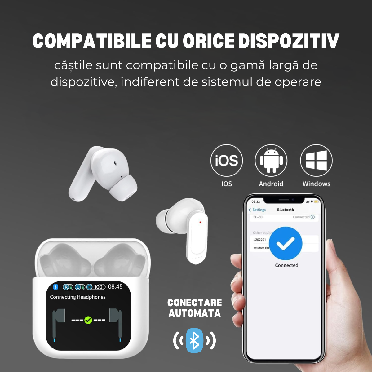Casti Wireless In Ear, Carcasa cu Touch Screen, Bluetooth 5.4, Control Tactil, Anulare Zgomot ANC + ENC, Alb, easyCTRL®
