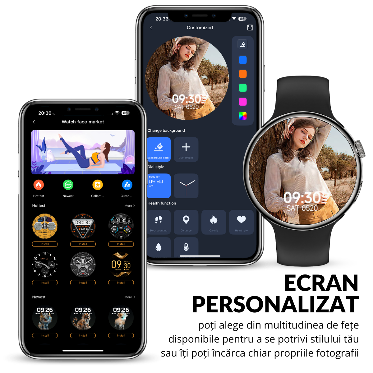 Ceas smartwatch de dama, Ecran Tactil LCD 1.46", Control prin Gesturi, Apel Bluetooth, Multi Sport, Monitorizare Sanatate, Negru, easyCTRL®