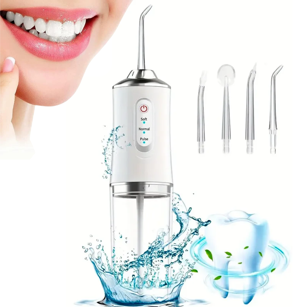 Irigator Oral Profesional, Dus Bucal Portabil, 4 Capete, 3 Moduri de Curatare, Rezervor 230ml, Alb