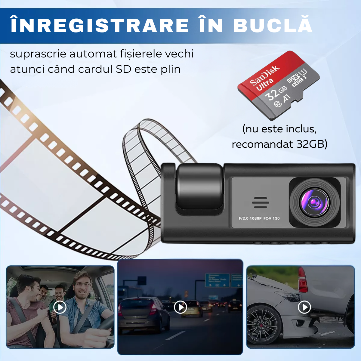 Camera Auto DVR tripla de bord, Fata / Interior / Spate, Wi-Fi, Display 2", Full HD, Night Vision, Unghi 170°, Mod Parcare, Senzor Miscare, G-Senzor, Camera Marsarier, Aplicatie dedicata, easyCTRL®