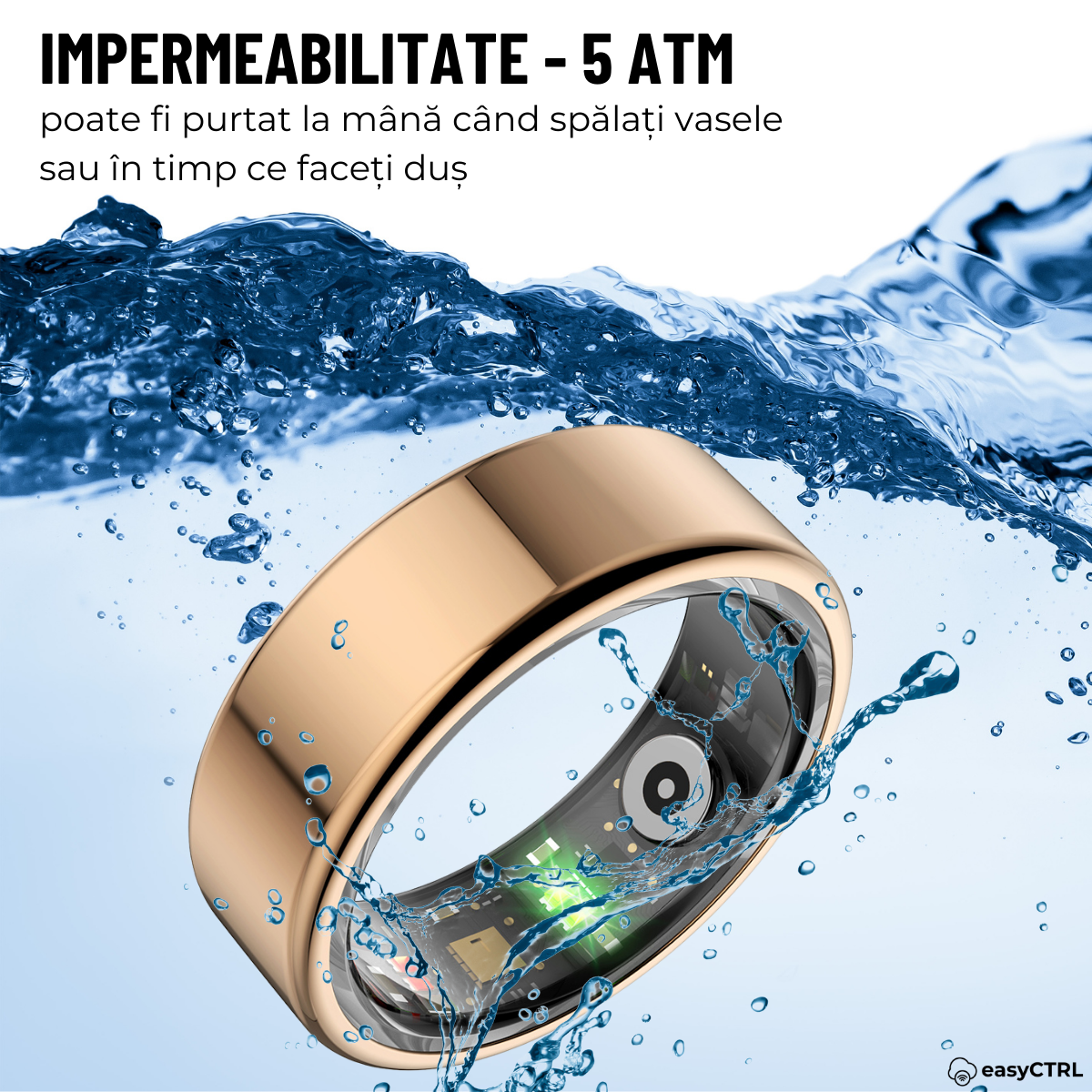 Smart Ring, Bluetooth, Wireless Charging Box, Monitors Pulse, Blood Oxygen, Sleep, Calories, Waterproof IP68, Gold, easyCTRL®