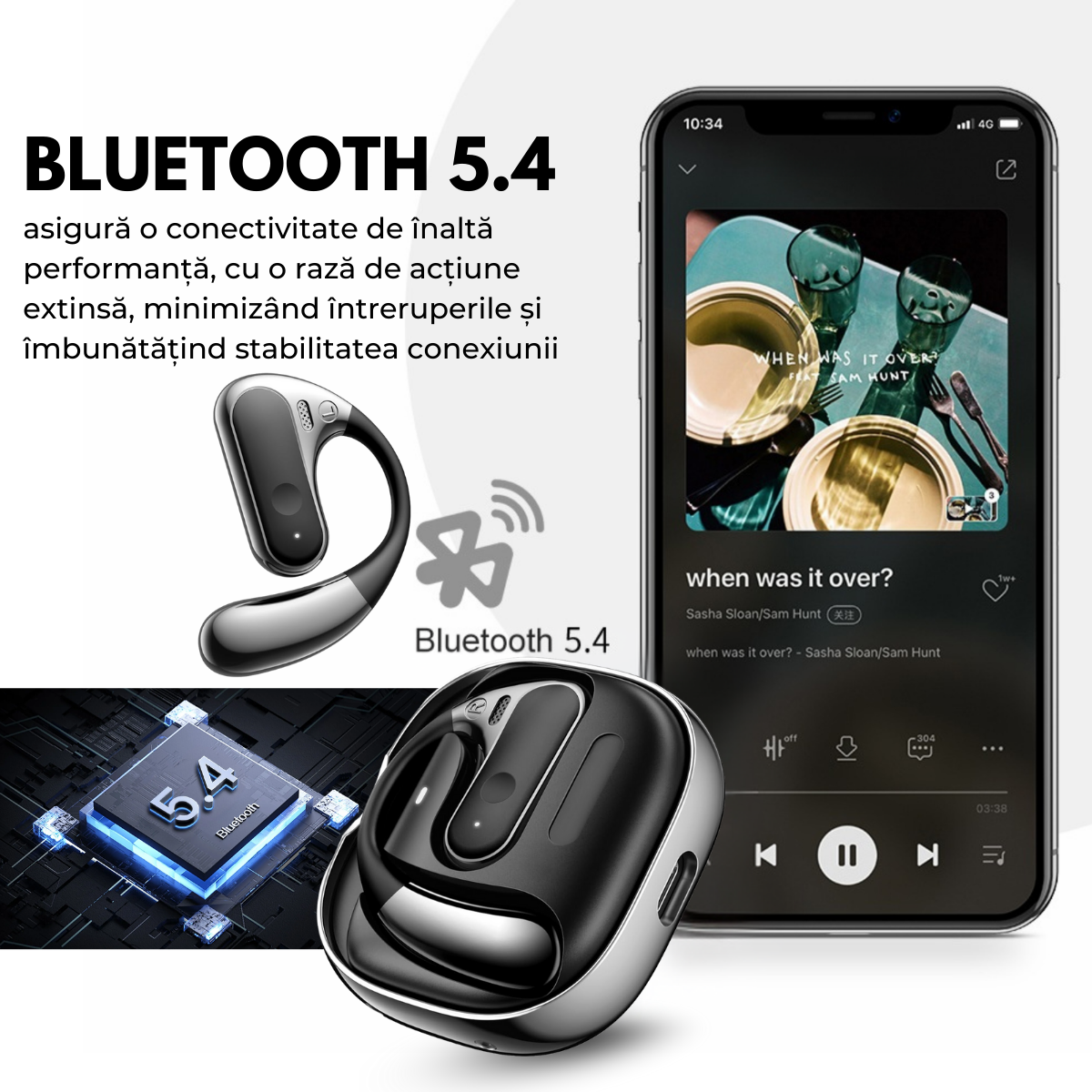 Casti cu Traducator pentru Conversatii in timp real, Constructie Metal, Open-Ear, 144 Limbi, Traducere Foto, Bluetooth 5.4, Control tactil, Carcasa de incarcare, S10, easyCTRL®