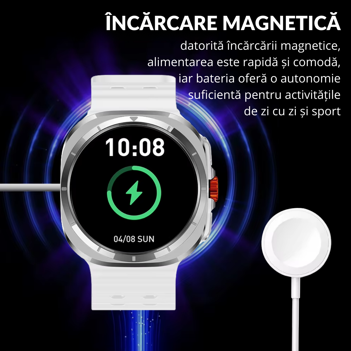 Ceas smartwatch de barbati, Ecran Tactil LCD 1.52", Apel Bluetooth, Multi Sport, Monitorizare Sanatate, Alb, easyCTRL®