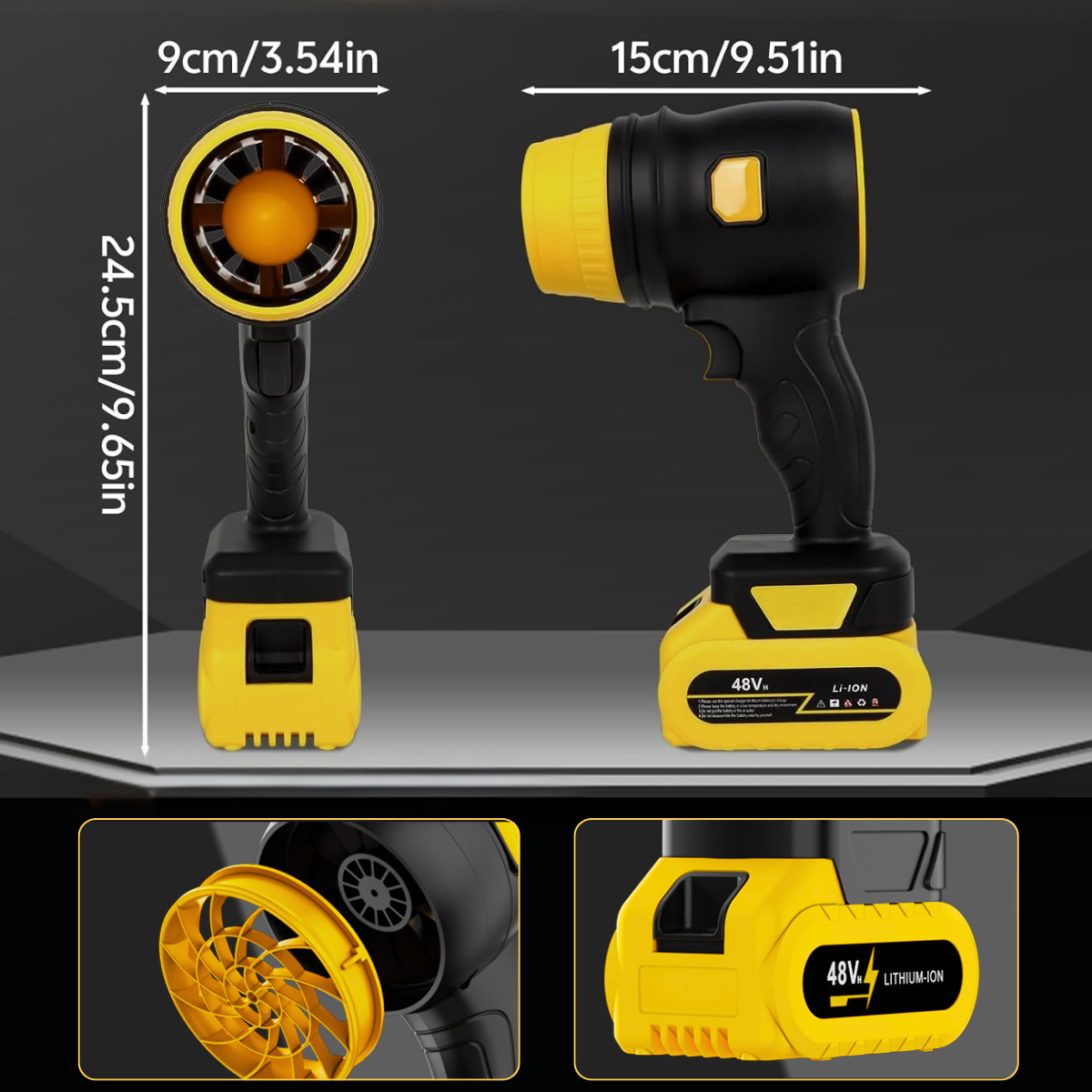 Suflanta Aer Turbo Multifunctionala, Portabila, 2 Acumulatori Li-Ion 48V, Viteza de Rotatie 34000 rpm, 1050W, Negru-Galben