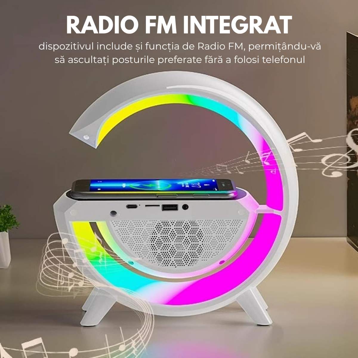 Lampa Inteligenta cu Lumini LED RGB, Incarcator Wireless 15W, Boxa Bluetooth, Radio FM, Ceas Digital, Alarma, Incarcare Type-C, Port AUX, Slot Card TF, Alb, easyCTRL®