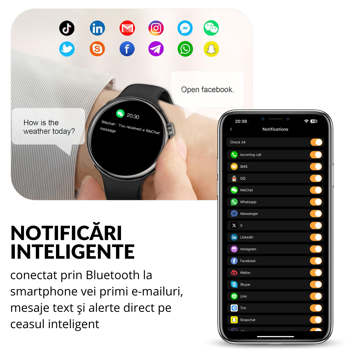 Ceas smartwatch de dama, Ecran Tactil LCD 1.46", Control prin Gesturi, Apel Bluetooth, Multi Sport, Monitorizare Sanatate, Negru, easyCTRL®