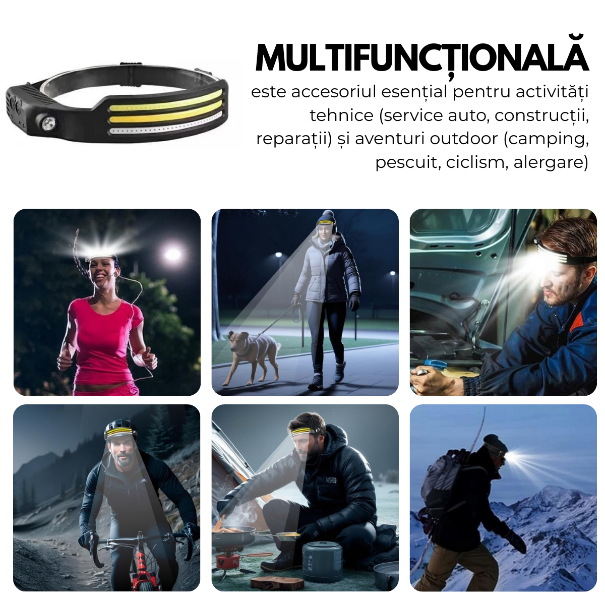 Lanterna de Cap Profesionala, Senzor Miscare, 3 Benzi Led COB si XPE, 10 Moduri Iluminare, Lumina Rece/Calda/Rosie, Acumulator reincarcabil 1200mah, Rezistenta la Apa, easyCTRL®