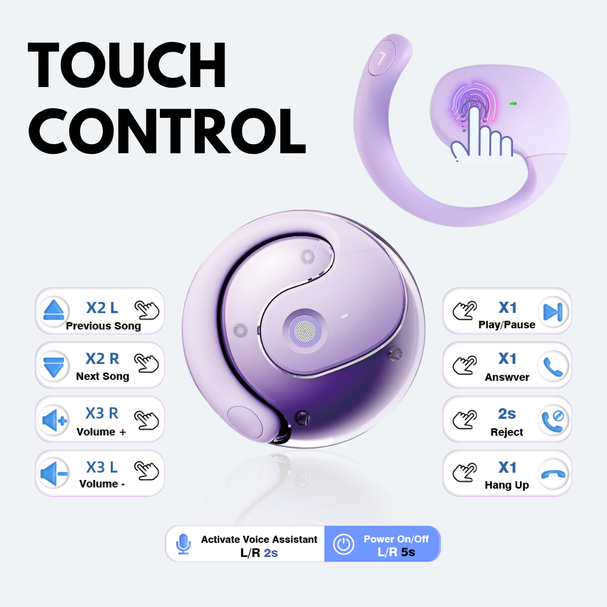 Casti cu Traducator pentru Conversatii in timp real, Open-Ear, 139 Limbi, Bluetooth 5.4, Control tactil, Carcasa de incarcare, T2, Mov, easyCTRL®