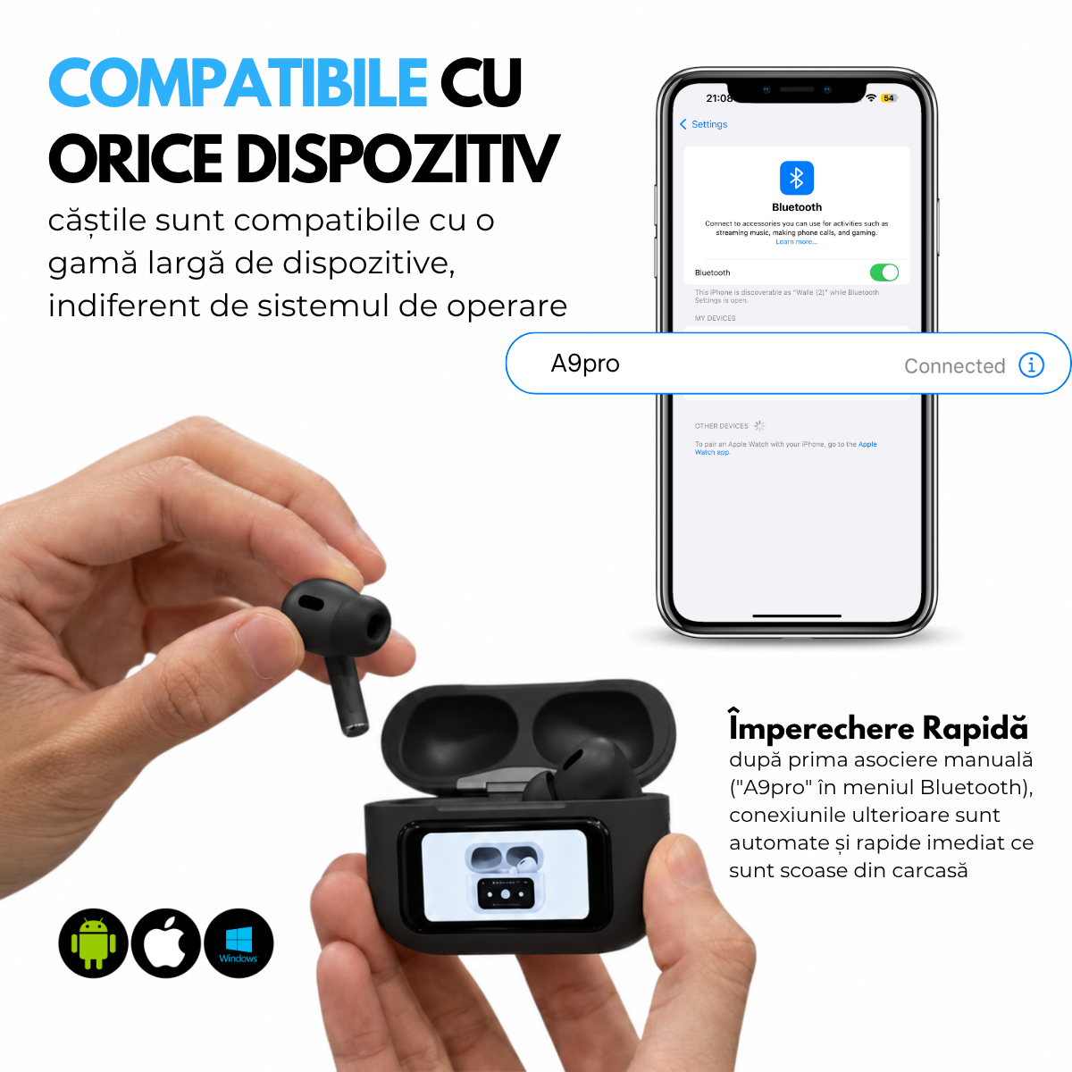 Casti cu Traducator pentru Conversatii in timp real, 151 Limbi Straine, Dialecte, Carcasa incarcare cu Touch Screen, Bluetooth 5.4, Control tactil, A9pro, Negru, easyCTRL®