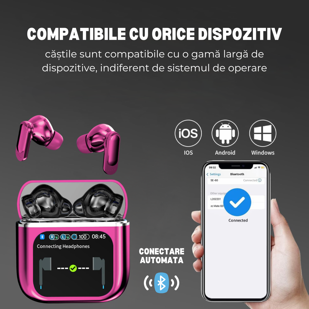 Casti Wireless In Ear, Carcasa cu Touch Screen, Bluetooth 5.4, Control Tactil, Anulare Zgomot ANC + ENC, Mov, easyCTRL®