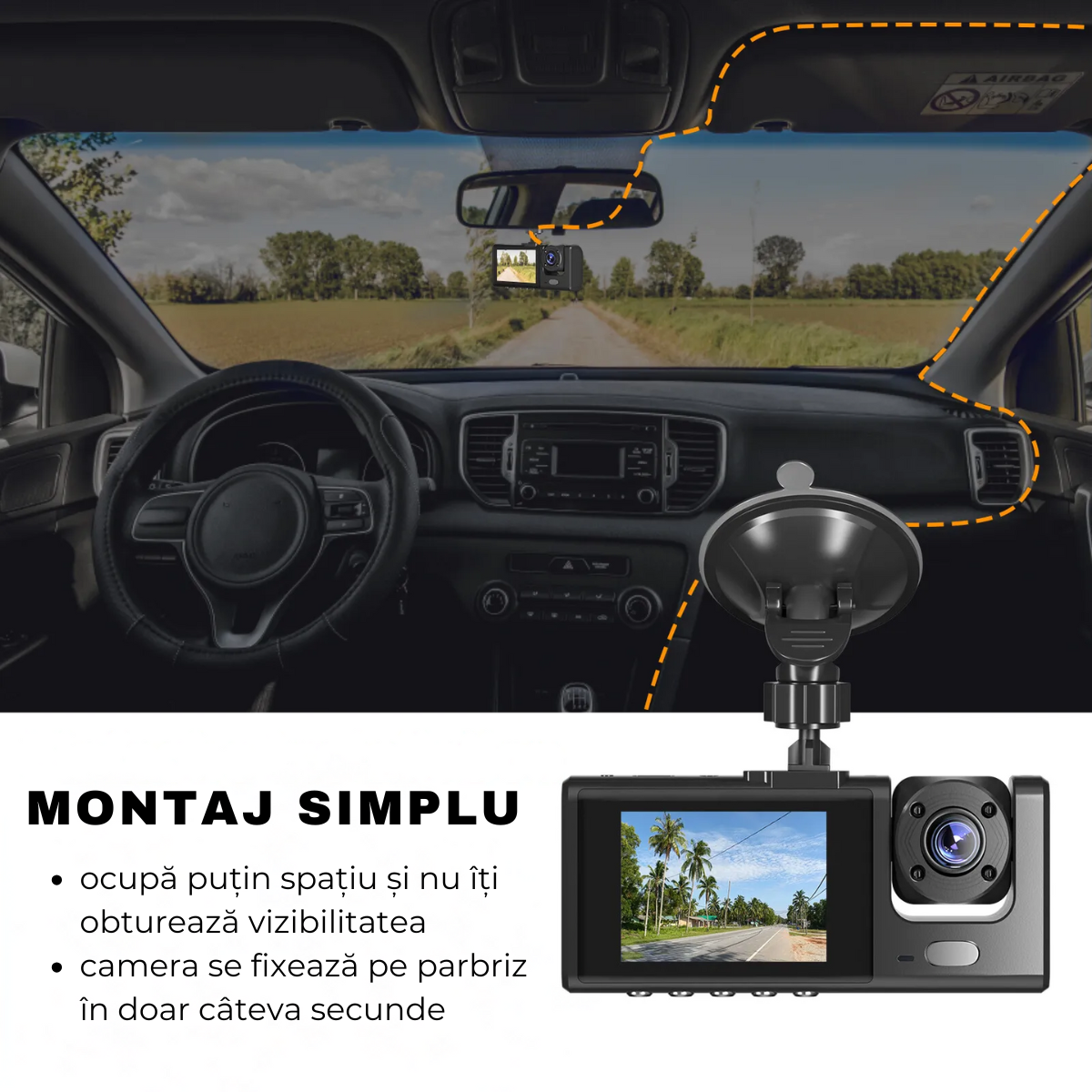 Camera Auto DVR tripla de bord, Fata / Interior / Spate, Wi-Fi, Display 2", Full HD, Night Vision, Unghi 170°, Mod Parcare, Senzor Miscare, G-Senzor, Camera Marsarier, Aplicatie dedicata, easyCTRL®