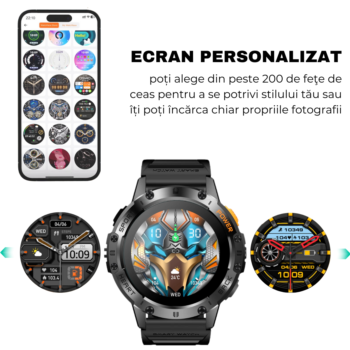 Ceas smartwatch, Ecran AMOLED 1.43", Rezistent la apa, Monitorizare oxigen, Ritm cardiac, Somn, Apel Bluetooth, Notificari mesaje, AI Asistent Vocal, Lanterna, easyCTRL®