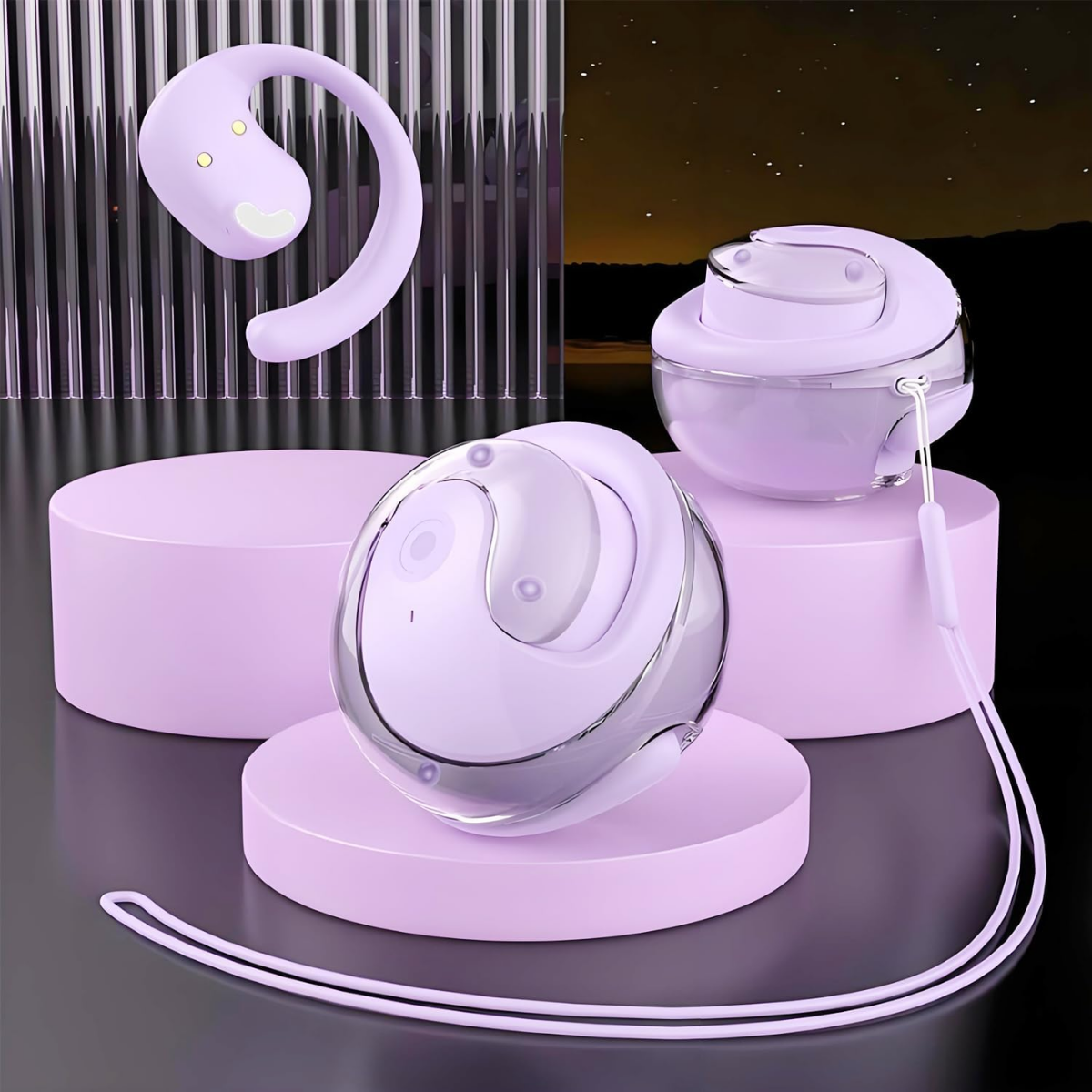 Casti cu Traducator pentru Conversatii in timp real, Open-Ear, 139 Limbi, Bluetooth 5.4, Control tactil, Carcasa de incarcare, T2, Mov, easyCTRL®