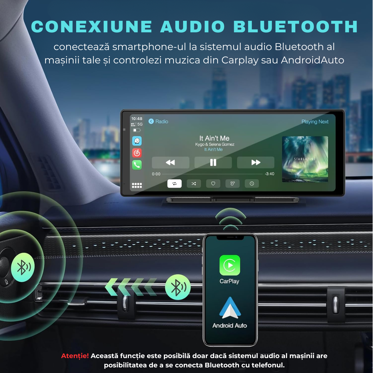 Navigatie Auto Android / Apple CarPlay, Multimedia, Universala, Camera Frontala Reglabila 4K, Ecran Tactil 10.26", Camera Marsarier, Mirrorcast, BT, FM, AUX, Split-Screen, easyCTRL®