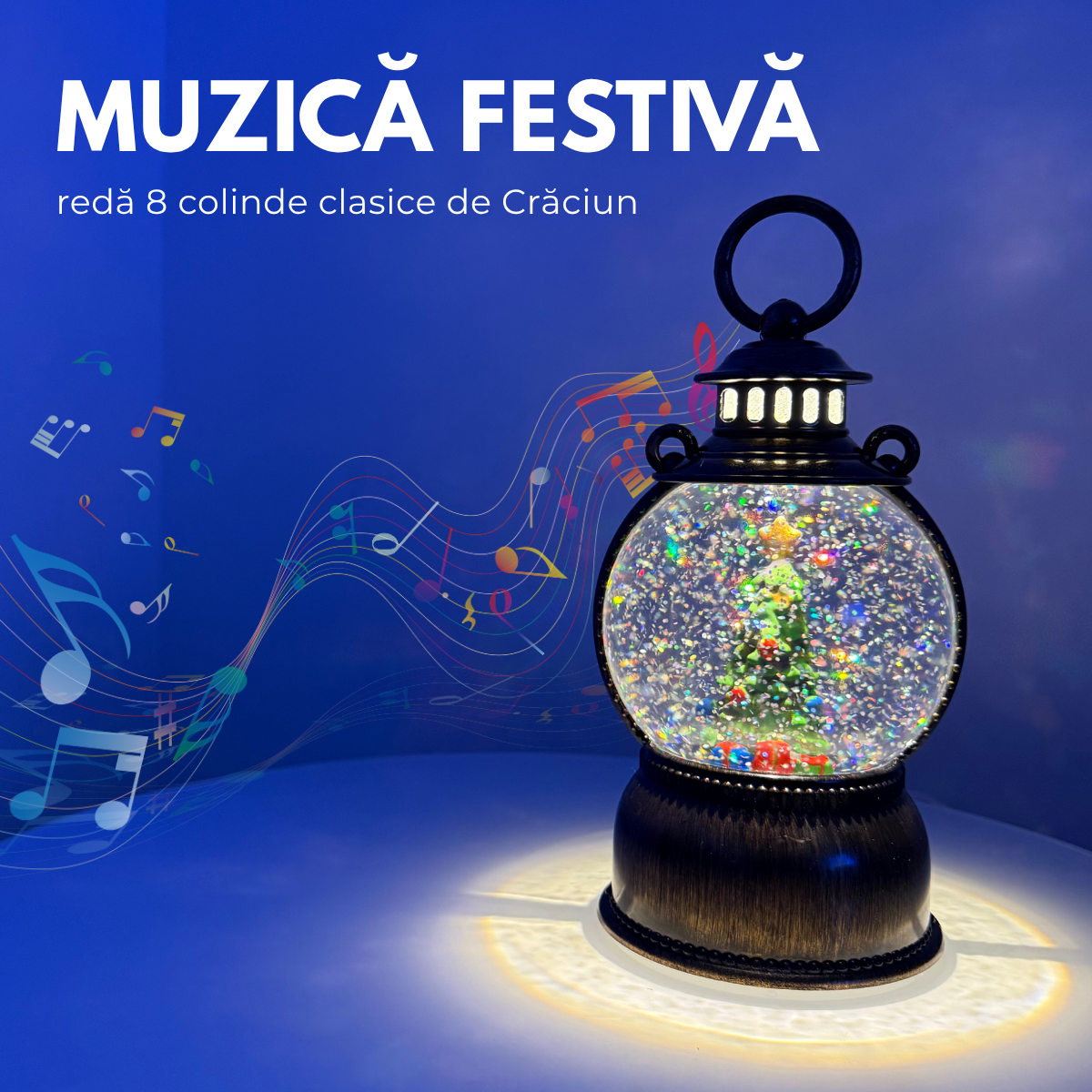 Felinar Decorativ Muzical, Brad de Craciun, Glob 12cm, Iluminare LED calda, Zapada in Miscare, Alimentare USB/Baterii